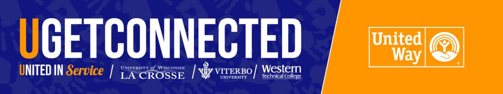 Banner featuring U-get-connected logo, plus logos of partners United Way, the University of Wisconsin-La Crosse, Viterbo University, and Western Technical College