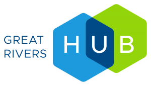 Great Rivers HUB logo featuring that text and two overlapping hexagons in shades of blue and bright green