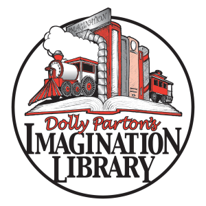 Dolly Parton's Imagination Library logo featuring that text and a red steam engine on top of an open book