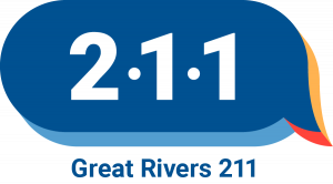 211 logo: numbers 2 1 and 1 in a blue speech bubble with Great Rivers 2 1 1 below