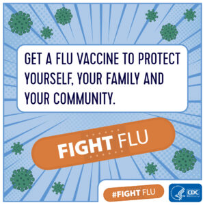 Light blue background with illustrated germ cells featuring text: Get a flu vaccine to protect yourself, your family and you community; the "fight flu" hashtag and CDC logos appear in the lower right