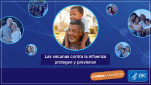 Blue background with lines connecting circles featuring diverse people; text reads, in Spanish, 'the flu vaccine protects and prevents;" the "fight flu" hashtag and CDC logos are in the lower right.