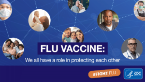 Blue background with lines connecting circles featuring diverse people; text reads FLU VACCINE: We all have a role in protecting each other; the "fight flu" hashtag and CDC logos are in the lower right.