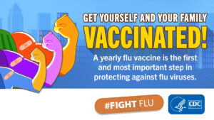 English-language illustration featuring three brightly-colored (not flesh-colored) arms with bandages flexing; text: "get yourself and your family vaccinated."