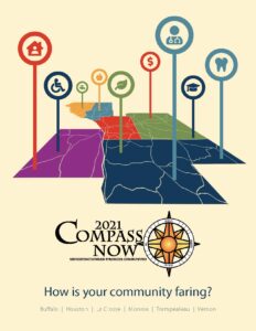 Cover of the 2021 Compass Now Report featuring our service area counties and issue area icons "popping up" from them