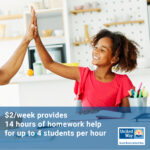 A young black girl in a bright pink shirt sits at a table with a book and school work in front of her; from the left side, a hand is raised giving her a high-five; blue box with text across the bottom: $2/week provides 14 hours of homework help for up to 4 students per hour