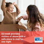 A young daughter and her 30-something mom play in cardboard moving boxes; red box with text across the bottom: $2/week provides victims of abuse with a safe place to stay for one night