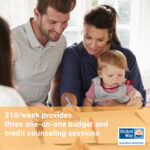 White family with father, mother, and baby sitting on mother's lap, filling out paperwork, across the table from another woman visible from behind; yellow box with text across the bottom: $10/week provides three one-on-one budget and credit counseling sessions