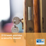 Closeup of a set of two keys, one inserted in a door; yellow box with text across the bottom: $10/week provides a security deposit