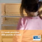 A young caucasian girl, pictured from behind, looking into an empty refrigerator; yellow box with text across the bottom: $1/week provides 288 pounds of food