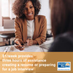 30-something BIPOC female in a blazer sitting in front of paperwork across the table from another woman visible from behind; yellow box with text across the bottom: $1/week provides three hours of assistance creating a resume or preparing for a job interview