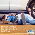 A father and son are laying on their backs underneath a white vehicle with tools in their hands and on the ground; yellow box with text across the bottom: $5/week provides four new tires for a family's car