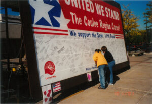 "United We Stand" community billboard; outside of the La Crosse Center; October 11, 2001.