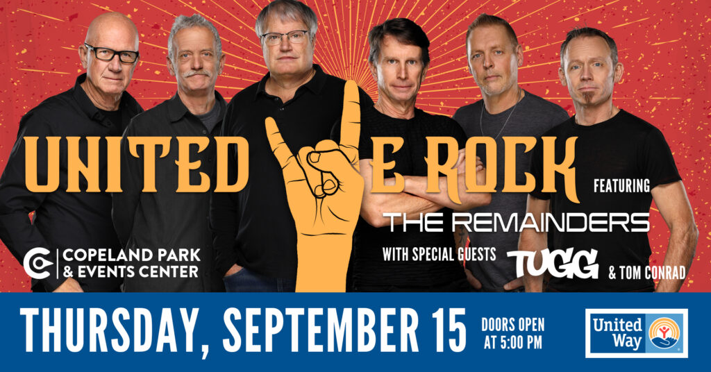 The Remainders band in front of red background with United We Rock logo across the middle and event details on the bottom