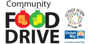 Community Food Drive logo featuring that text, with the 2 Os in food replaced with ornaments, as well as the GRUW and Rotary Lights logos