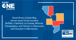 Image with seven-county map and text: Great Rivers United Way unites more than 200 corporate partners, 3,400+ donors, and 49 local programs, who fight for lasting change in our shared seven-county community.