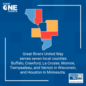 Image with seven-county map and text: Great Rivers United Way unites more than 200 corporate partners, 3,400+ donors, and 49 local programs, who fight for lasting change in our shared seven-county community.