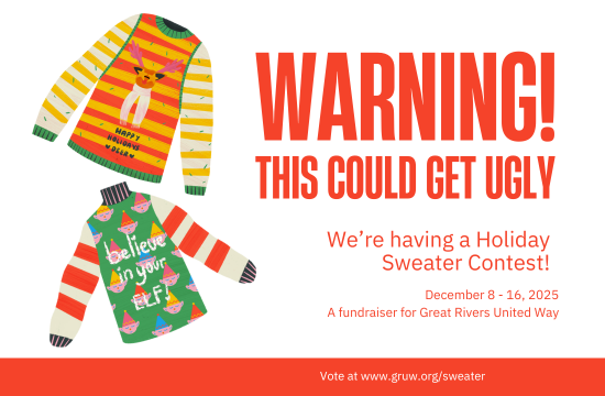 Image promoting the 2nd Annual Holiday Sweater Contest featuring two ugly sweater graphics